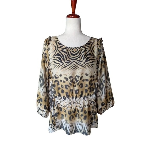 Johnny Was Tops - Johnny Was Aisha Silk Animal Print Peplum Blouse Ruffle Leopard Zebra Tan M